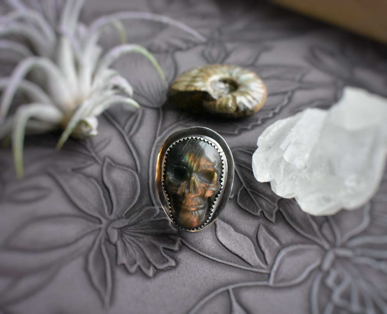 Labradorite Skull Ring - Size 7
