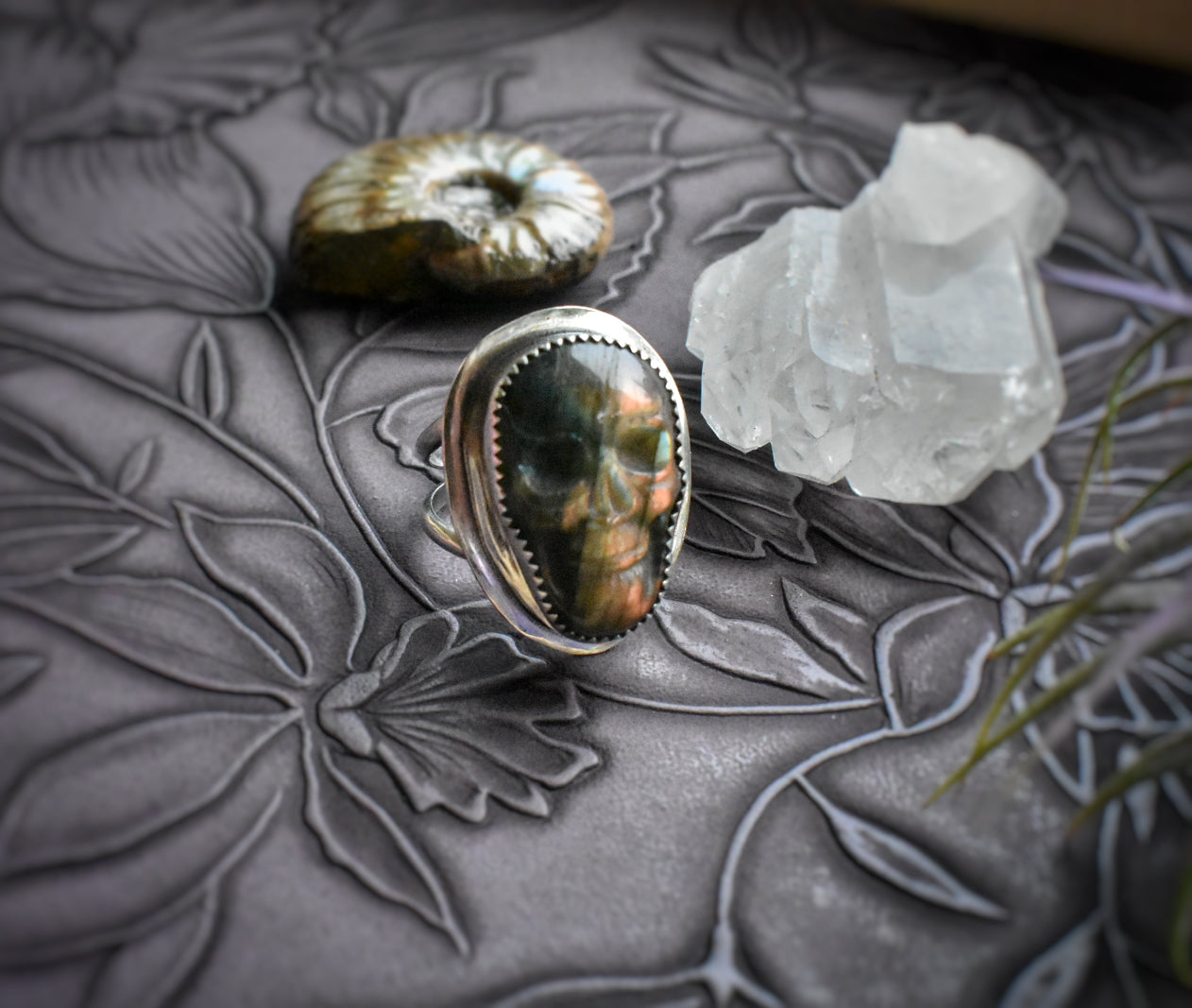 Labradorite Skull Ring - Size 7