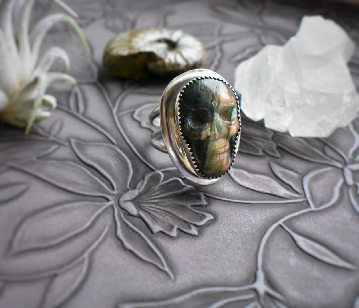 Labradorite Skull Ring - Size 7