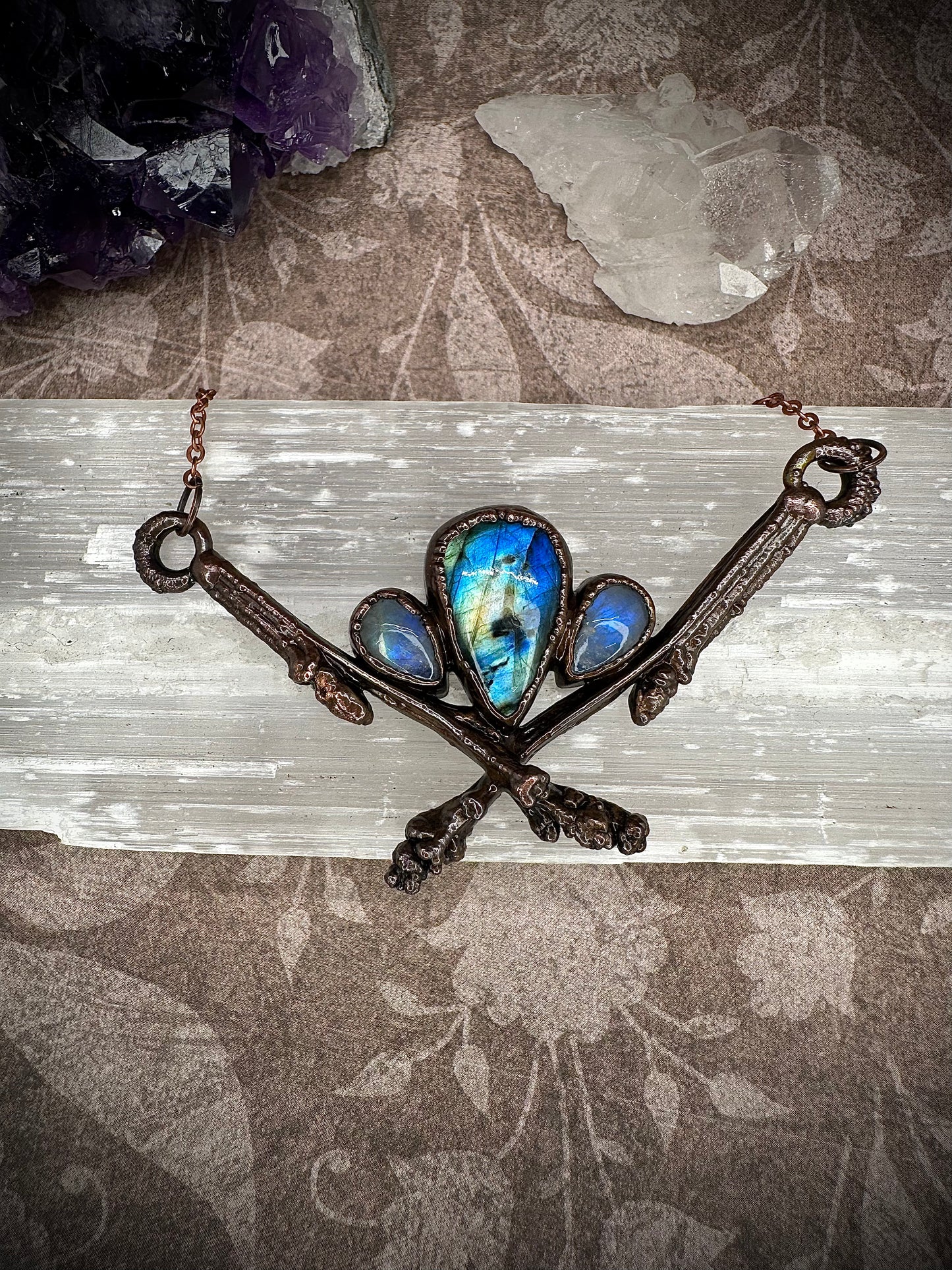 Woodland Mystic Necklace // Labradorite and Moonstone on Alder Twigs