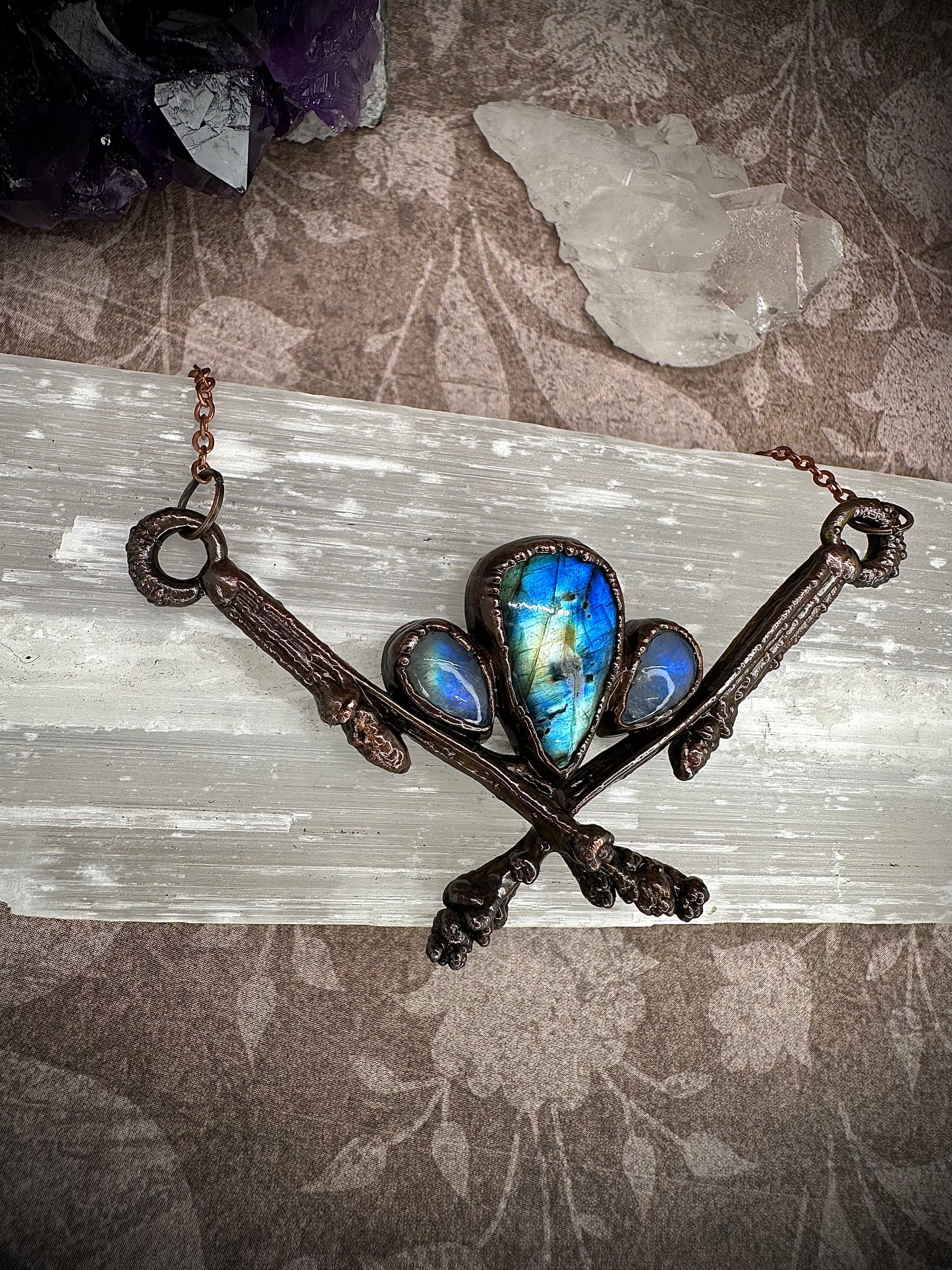 Woodland Mystic Necklace // Labradorite and Moonstone on Alder Twigs